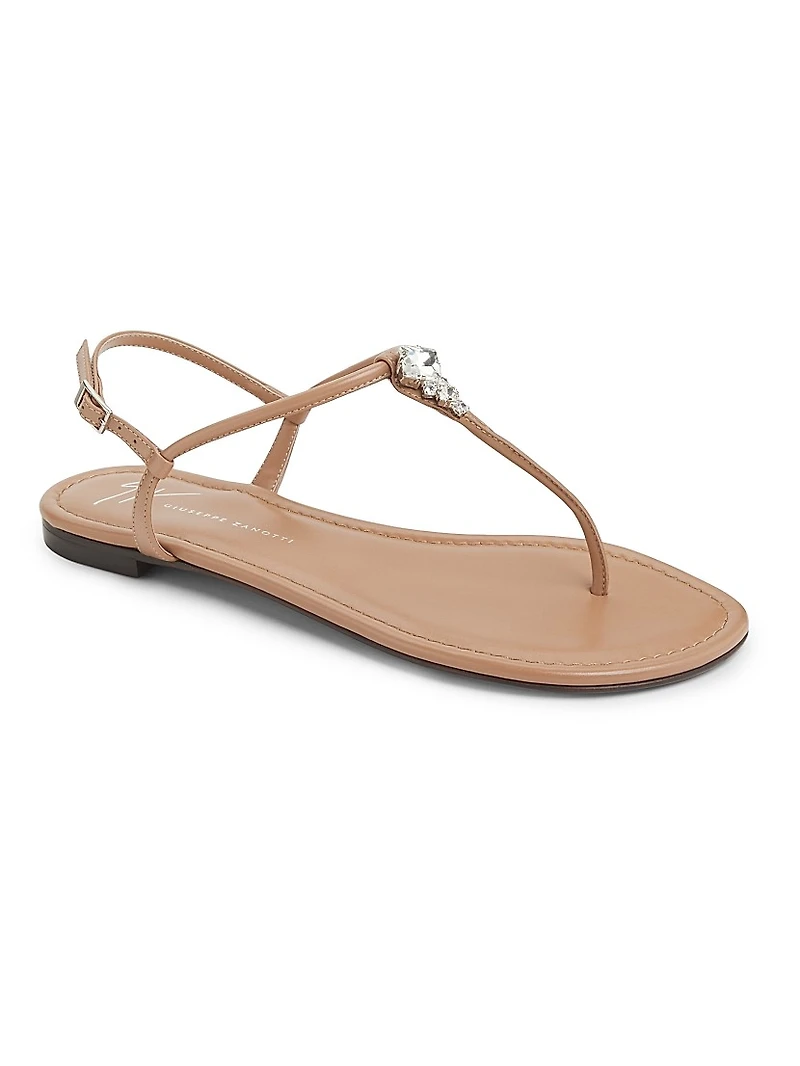 Crystal-Embellished Leather T-Strap Sandals
