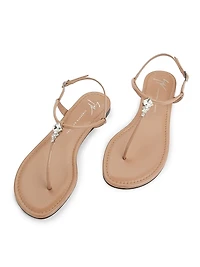 Crystal-Embellished Leather T-Strap Sandals