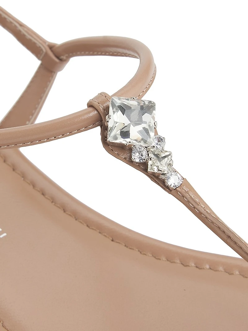 Crystal-Embellished Leather T-Strap Sandals