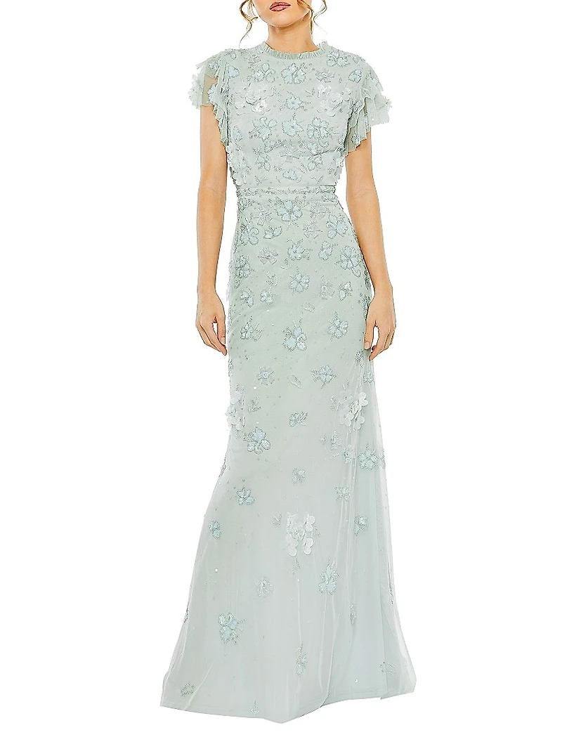 High Neck Flutter-Sleeve Floral Embellished Gown