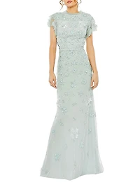 High Neck Flutter-Sleeve Floral Embellished Gown