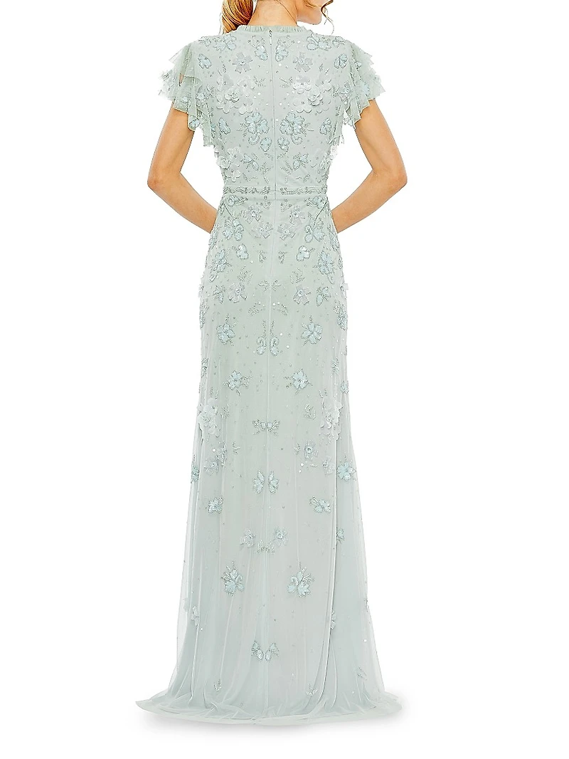 High Neck Flutter-Sleeve Floral Embellished Gown