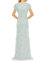 High Neck Flutter-Sleeve Floral Embellished Gown