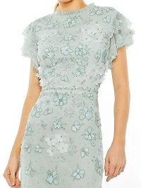 High Neck Flutter-Sleeve Floral Embellished Gown