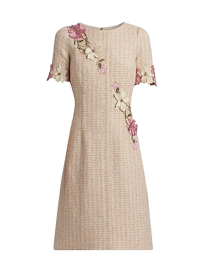 Floral Appliqué Tweed Cocktail Dress