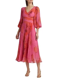 Floral Pleated Chiffon Cocktail Dress