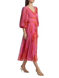 Floral Pleated Chiffon Cocktail Dress