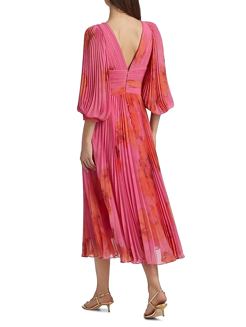 Floral Pleated Chiffon Cocktail Dress