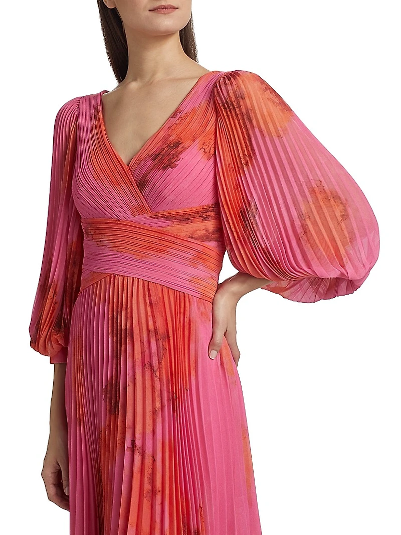 Floral Pleated Chiffon Cocktail Dress