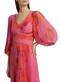 Floral Pleated Chiffon Cocktail Dress