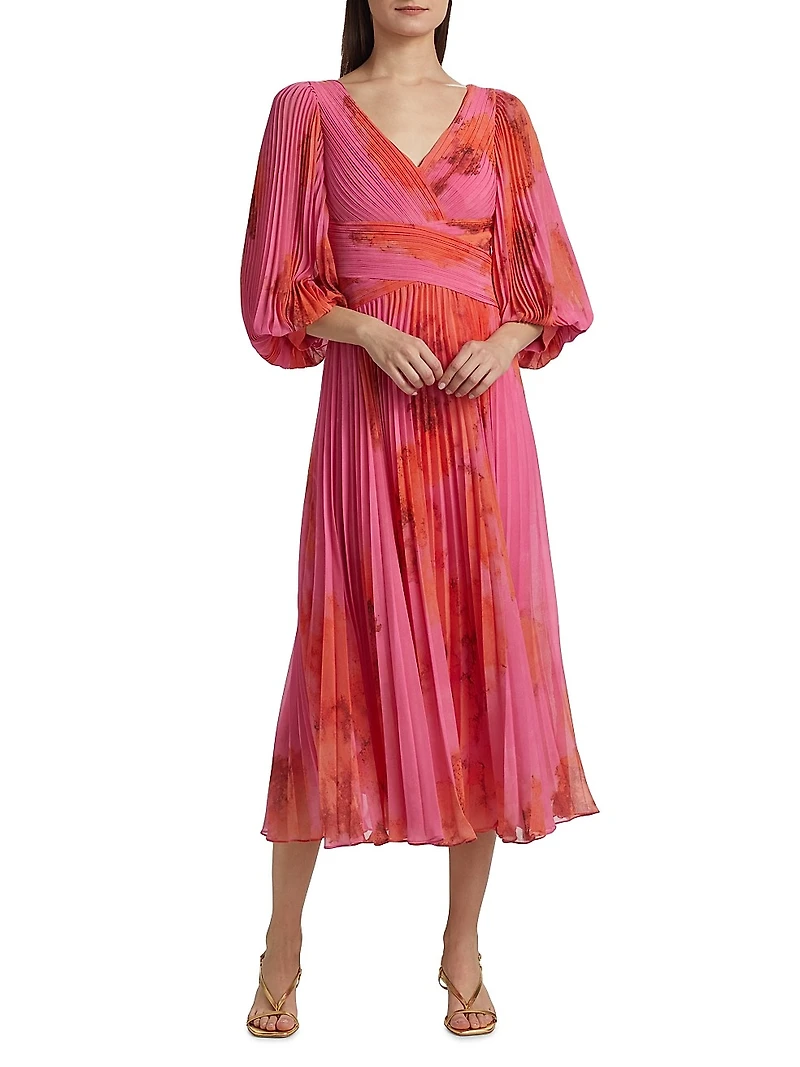 Floral Pleated Chiffon Cocktail Dress