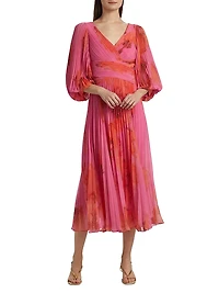 Floral Pleated Chiffon Cocktail Dress