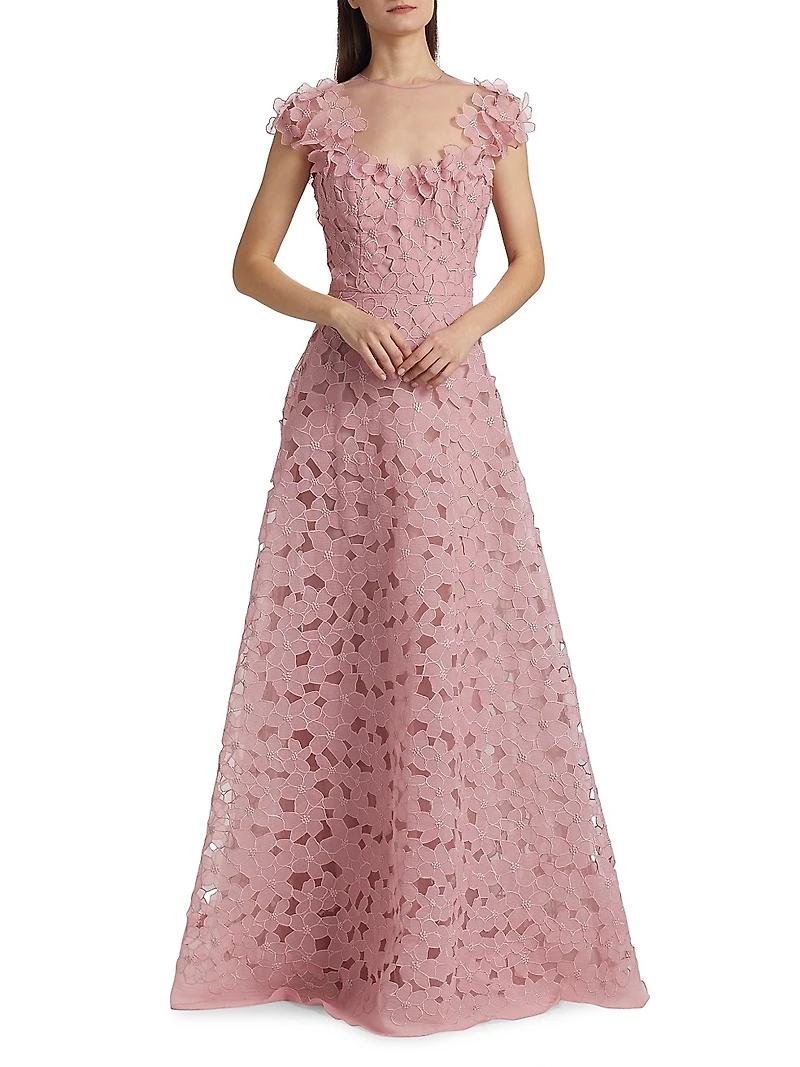 Floral Embroidered Organza A-Line Gown