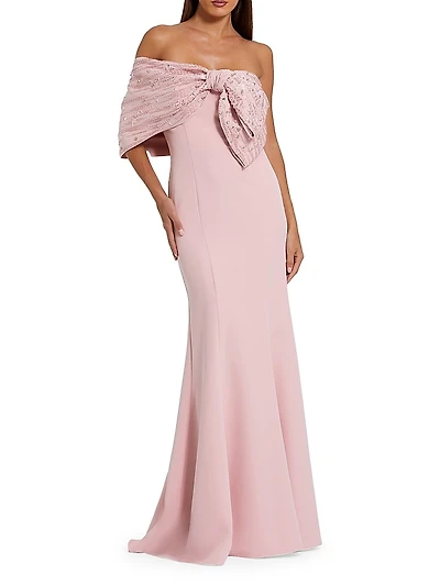 Evening Beaded Off-The-Shoulder Bow Satin Mermaid Gown