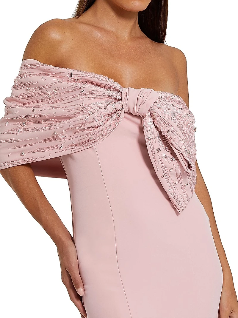 Evening Beaded Off-The-Shoulder Bow Satin Mermaid Gown