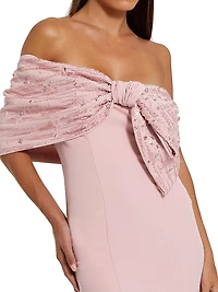 Evening Beaded Off-The-Shoulder Bow Satin Mermaid Gown
