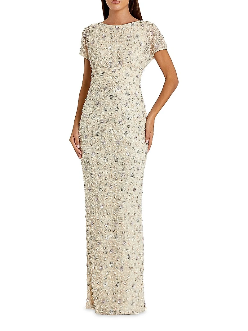 Evening Floral Embellished Mesh Fitted Blouson Gown
