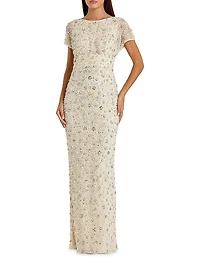 Evening Floral Embellished Mesh Fitted Blouson Gown