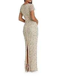Evening Floral Embellished Mesh Fitted Blouson Gown