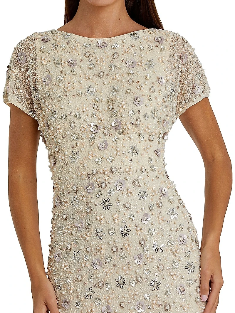Evening Floral Embellished Mesh Fitted Blouson Gown