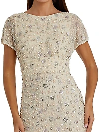 Evening Floral Embellished Mesh Fitted Blouson Gown