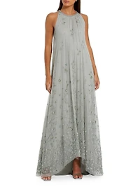 Floral Embellished Mesh Trapeze Gown