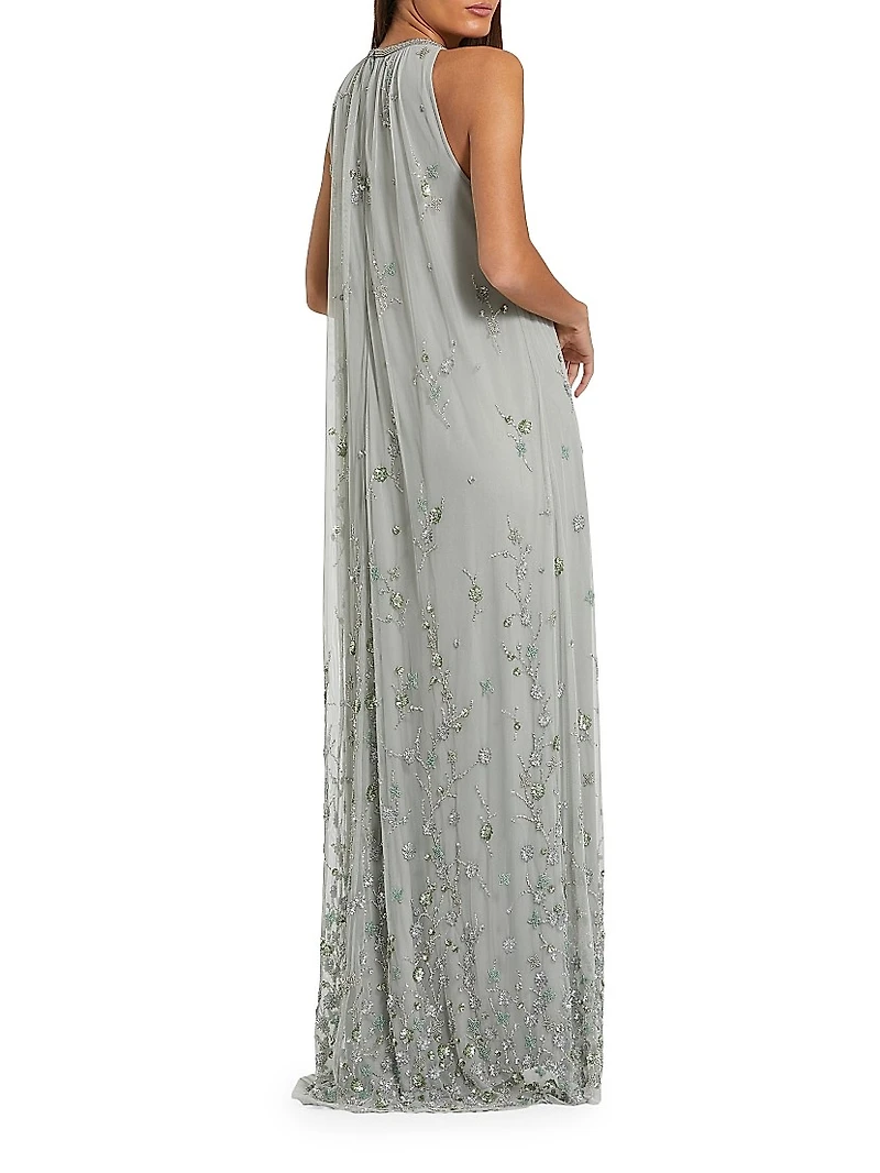 Floral Embellished Mesh Trapeze Gown