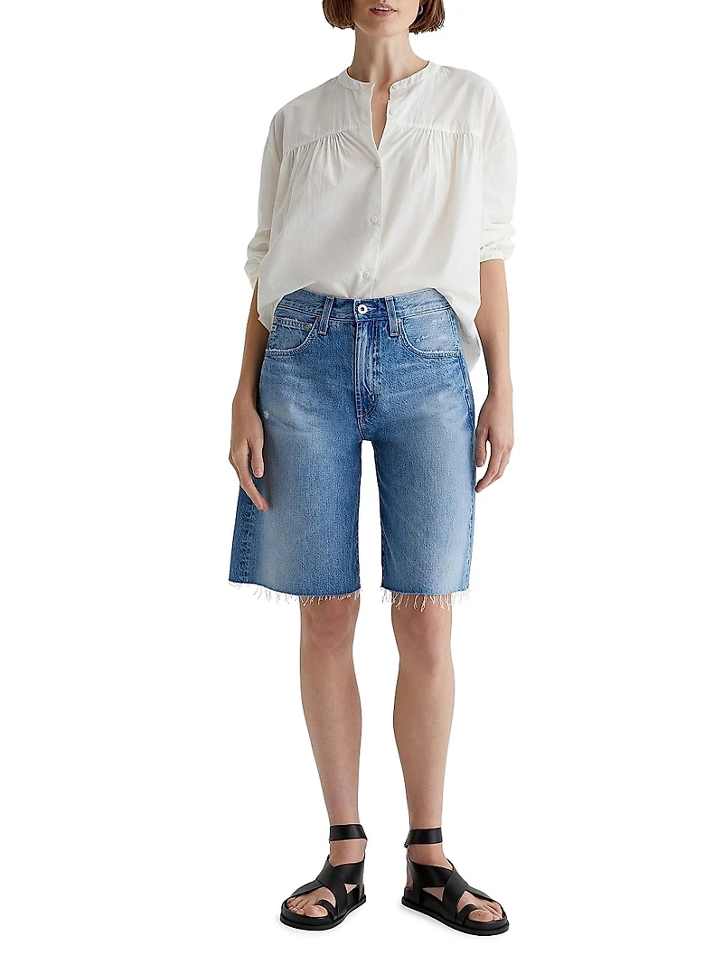 Hattie Distressed Cotton Raw-Edge Shorts