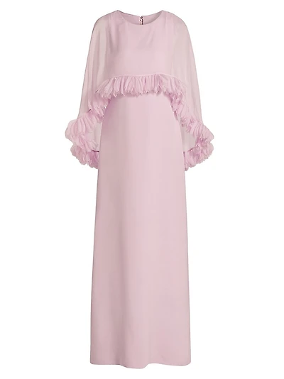 Silk Georgette Cape Ruffle Gown