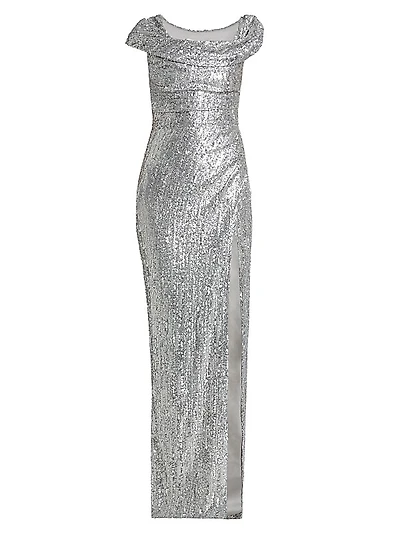 Sequined Draped Column Gown