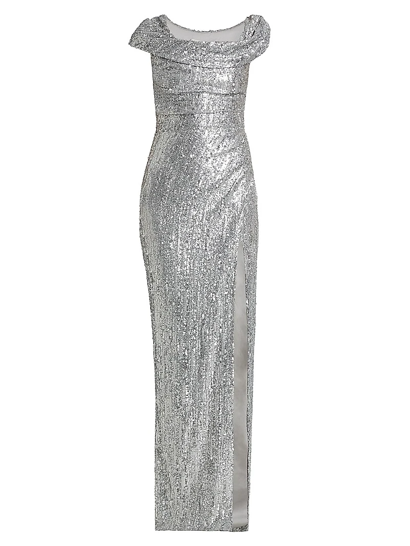 Sequined Draped Column Gown