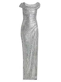 Sequined Draped Column Gown