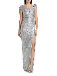 Sequined Draped Column Gown