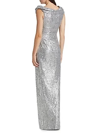 Sequined Draped Column Gown