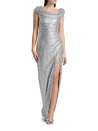 Sequined Draped Column Gown