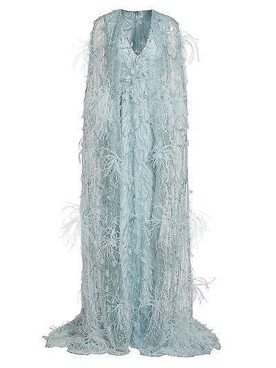 Embroidered Feather Cape Gown