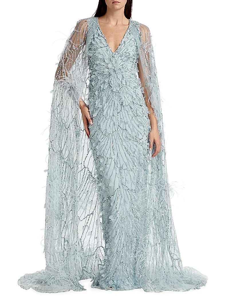 Embroidered Feather Cape Gown