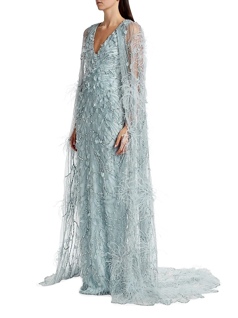 Embroidered Feather Cape Gown