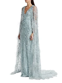 Embroidered Feather Cape Gown