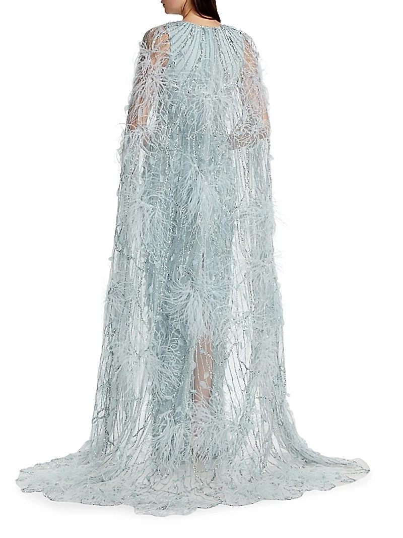 Embroidered Feather Cape Gown