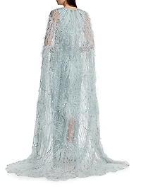 Embroidered Feather Cape Gown