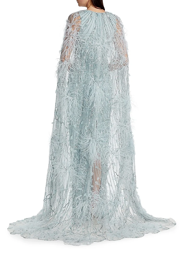 Embroidered Feather Cape Gown