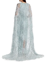 Embroidered Feather Cape Gown