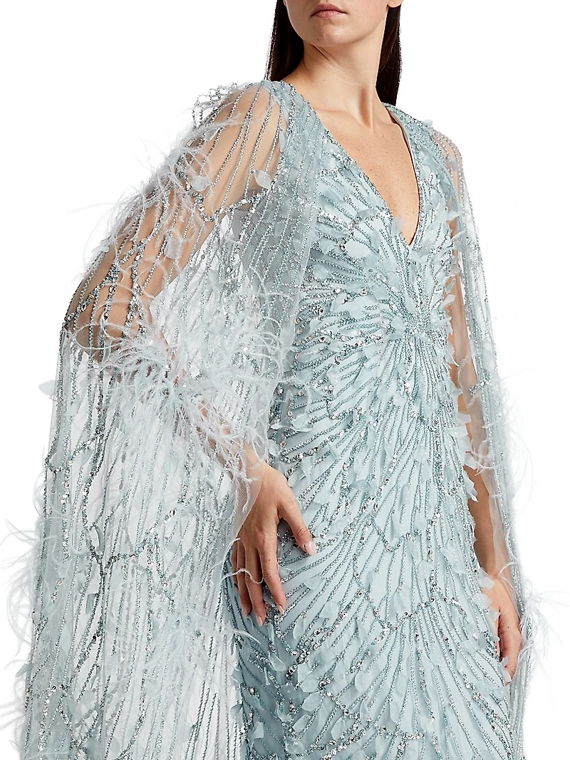 Embroidered Feather Cape Gown