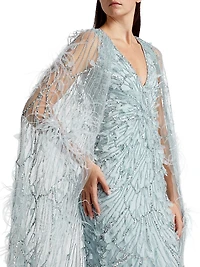 Embroidered Feather Cape Gown