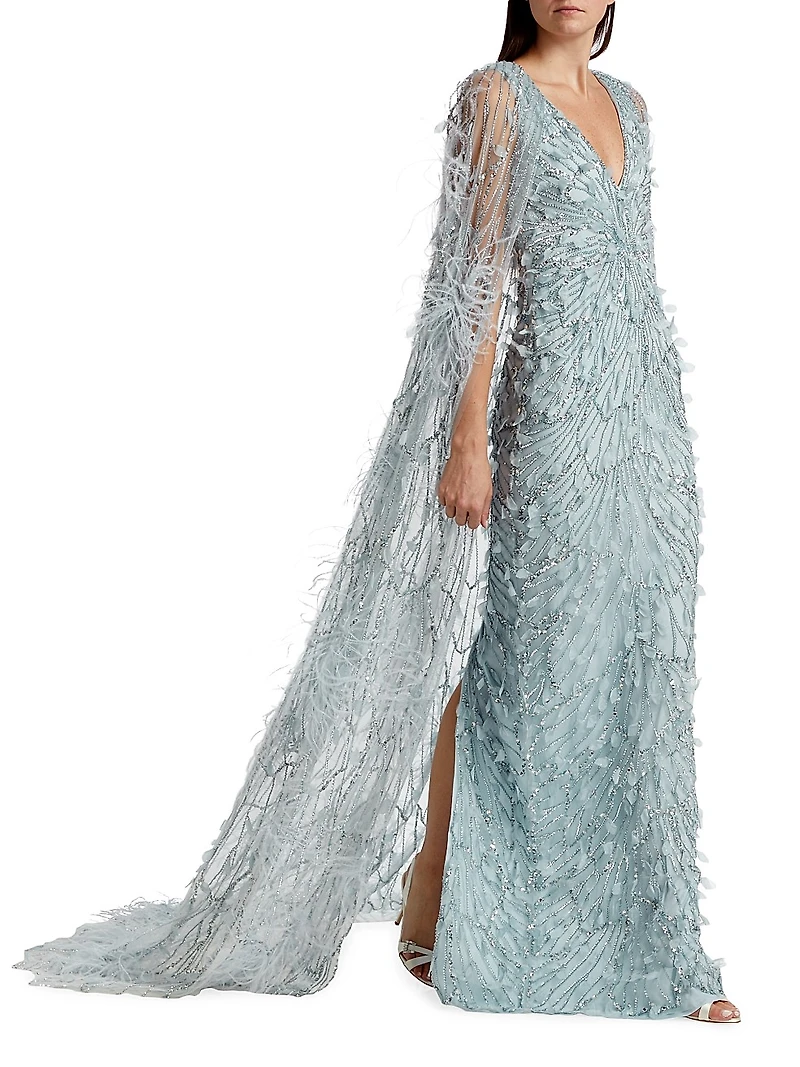 Embroidered Feather Cape Gown