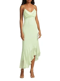 Chesley Draped Asymetric Ruffle-Hem Maxi Dress