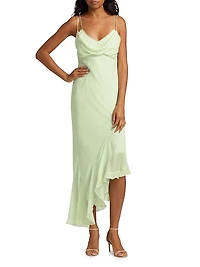 Chesley Draped Asymetric Ruffle-Hem Maxi Dress