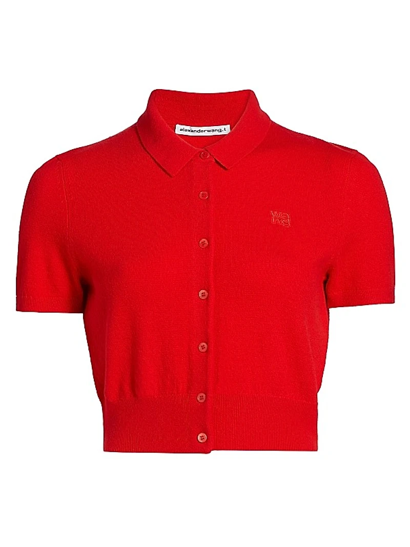 Embroidered Logo Wool Polo Cardigan
