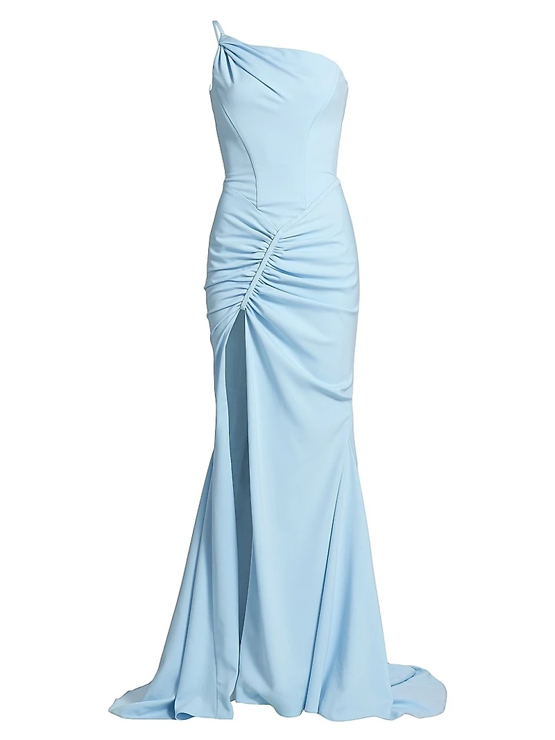 Scout One-Shoulder Stretch Crepe Slit-Front Gown